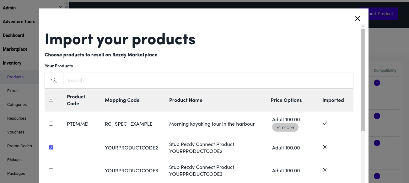Product import screen